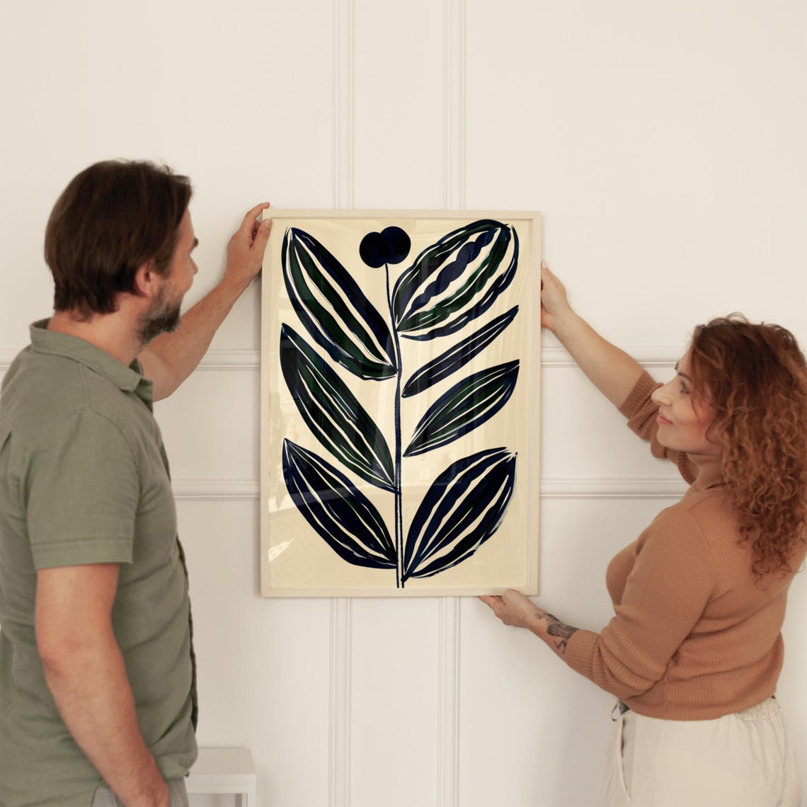 Tall Navy Blue Botanical Leaves on Cream Minimalist Art Poster