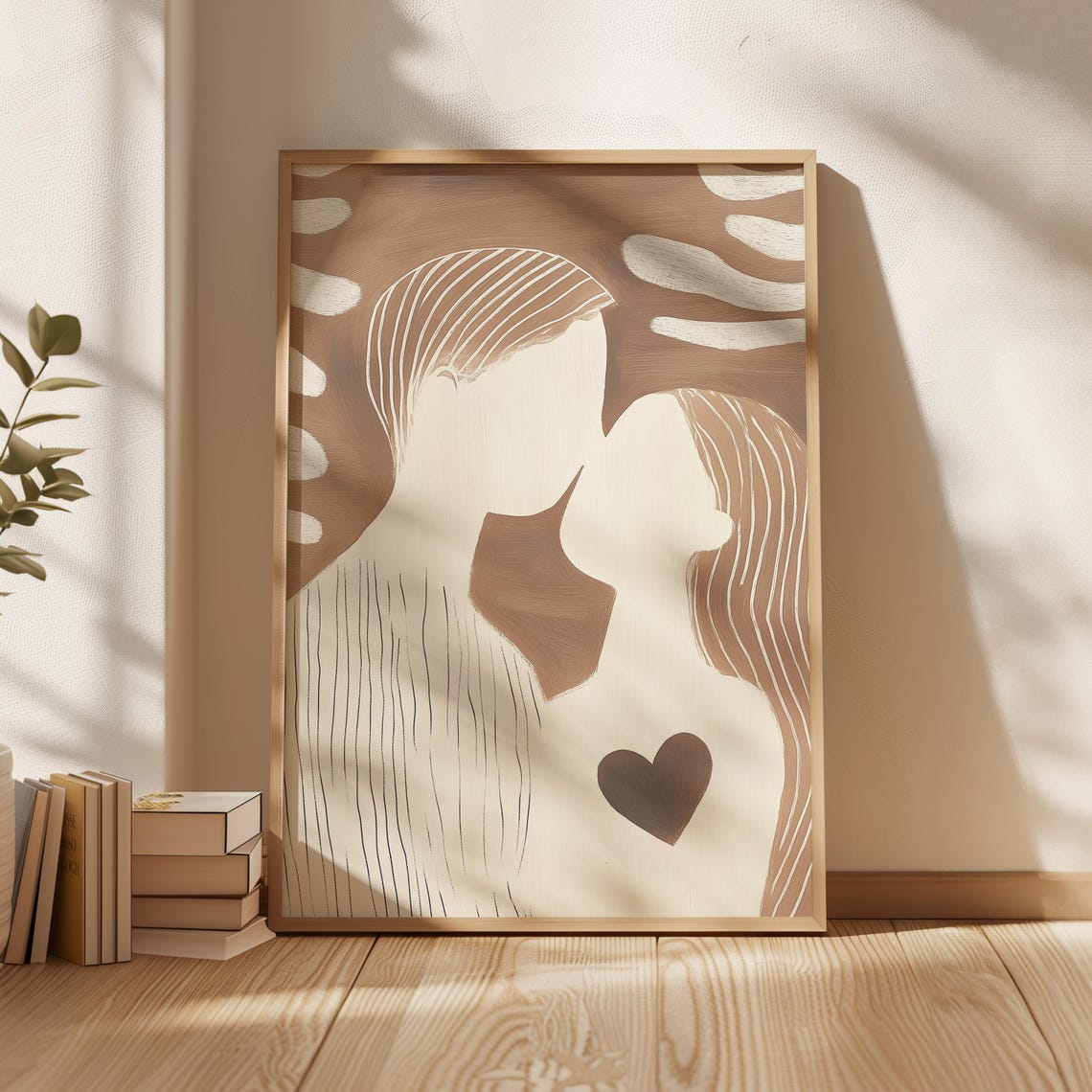 Abstract Couple With Heart Minimalist Beige Romantic Line Art Poster