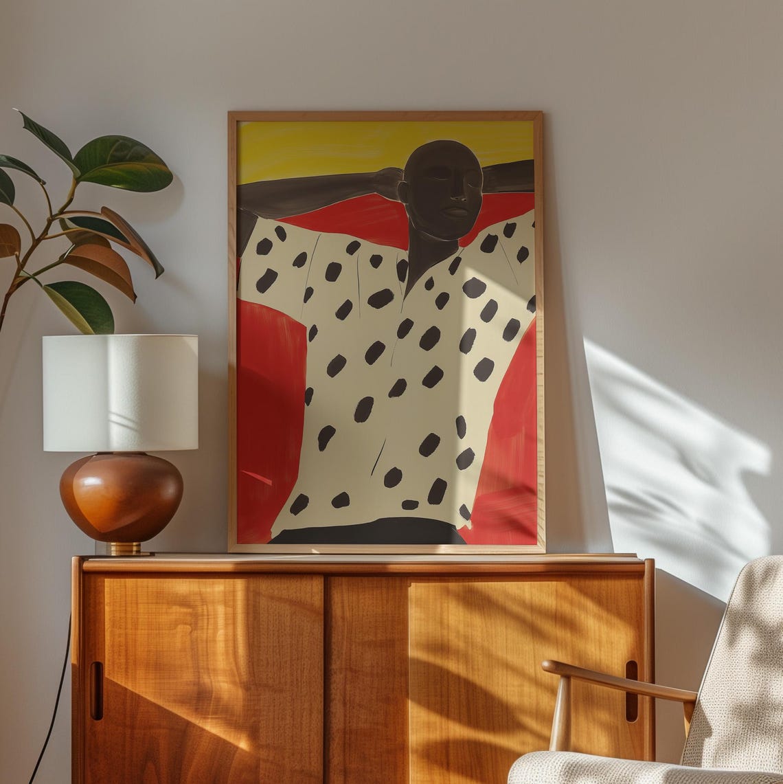 Man In Dotted Shirt Print Abstract Portrait Wall Art Red And Yellow Background Modern Minimalistic Art Bold Home Decor - Image 2