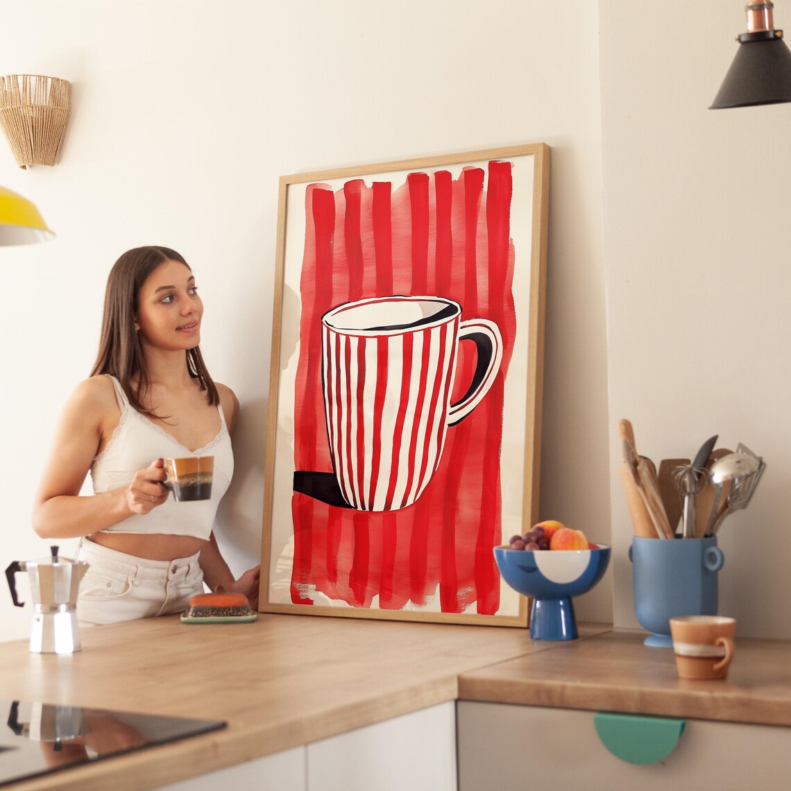 Red And White Striped Mug Art Print, Minimalist - Image 3