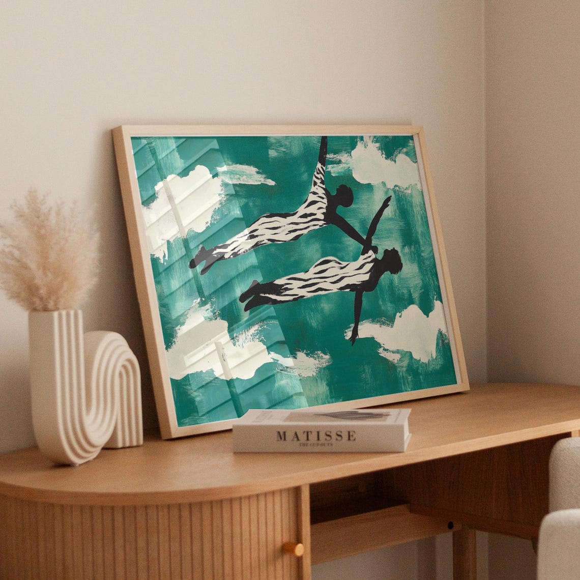 Two Flying Figures Teal Sky Striped Clothing Surreal Dream Poster - Image 3