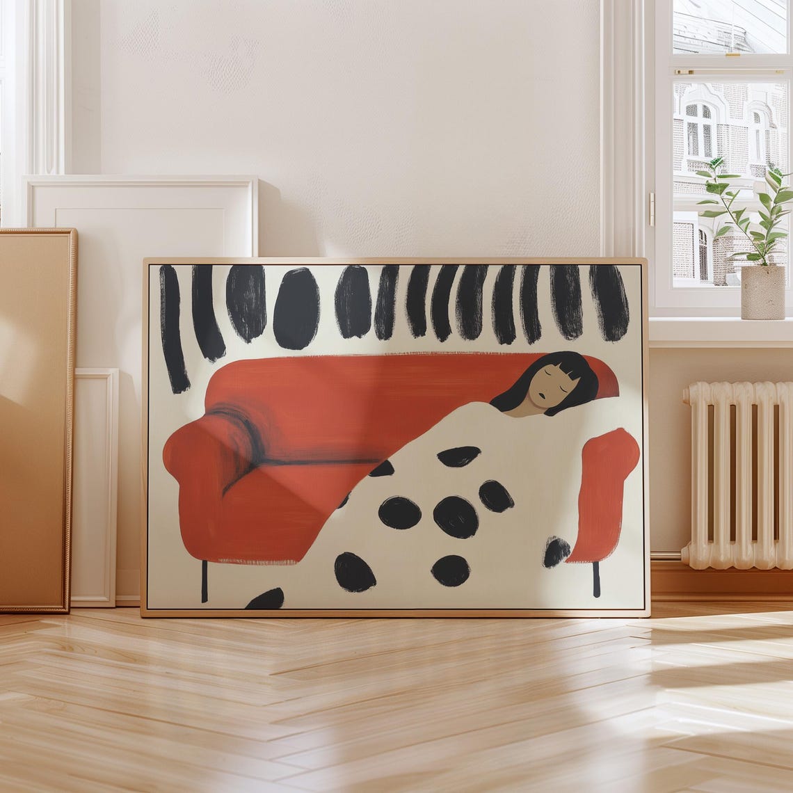 Woman Sleeping on Bold Red Couch Under Dotted Blanket Poster - Image 5
