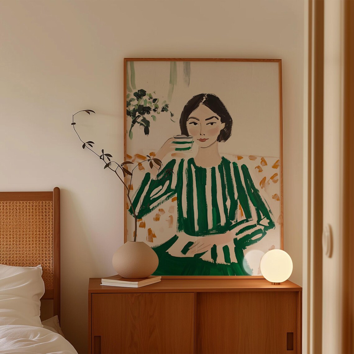 Modern Woman In Striped Green Dress, Minimalist Portrait - Image 4