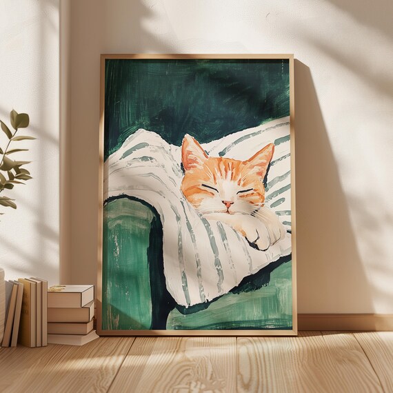 Sleeping Orange Tabby Cat on Striped Pillow Cozy Feline Poster