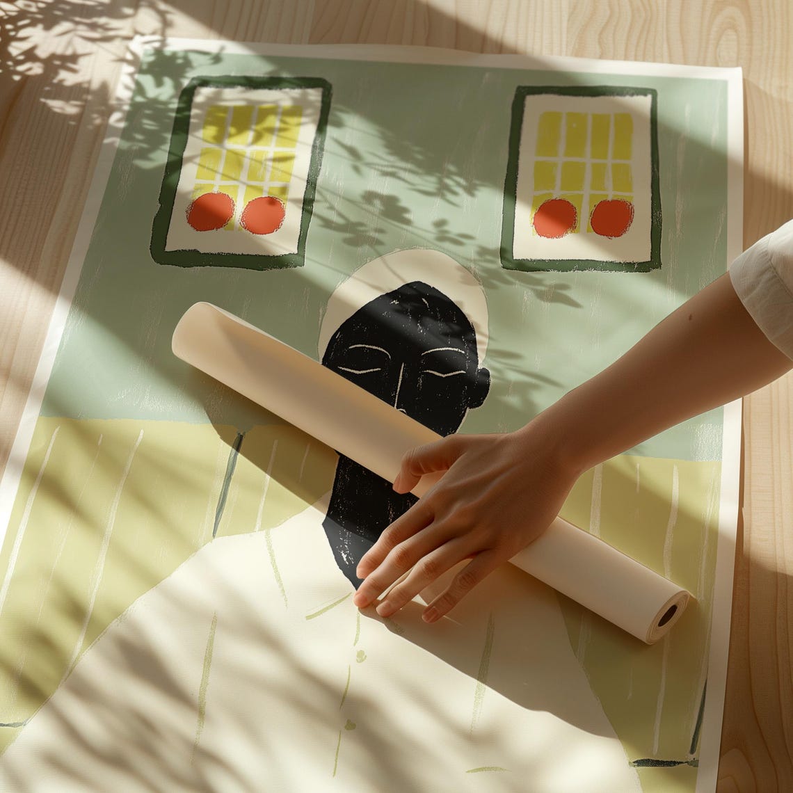 Woman In White Robe In Green Interior With Yellow Windows Art Poster - Image 4