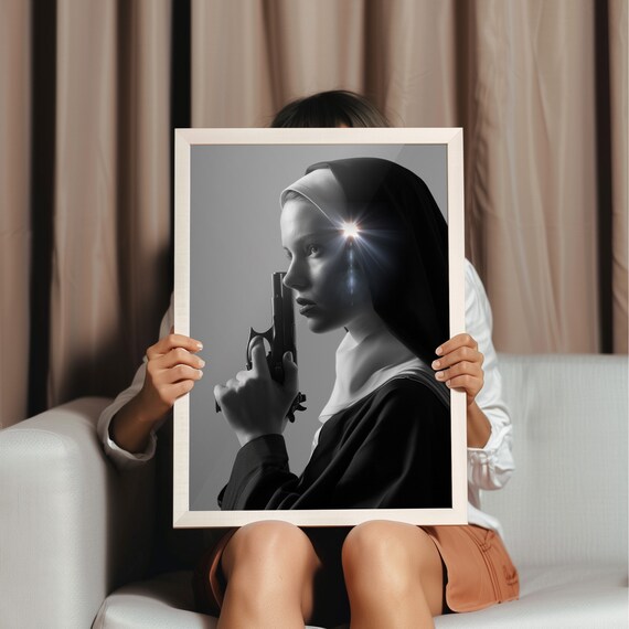 Nun With Gun Black And White Art Vintage Wall Art Funny Wall Art Hot Nun Print Art Large Wall Art