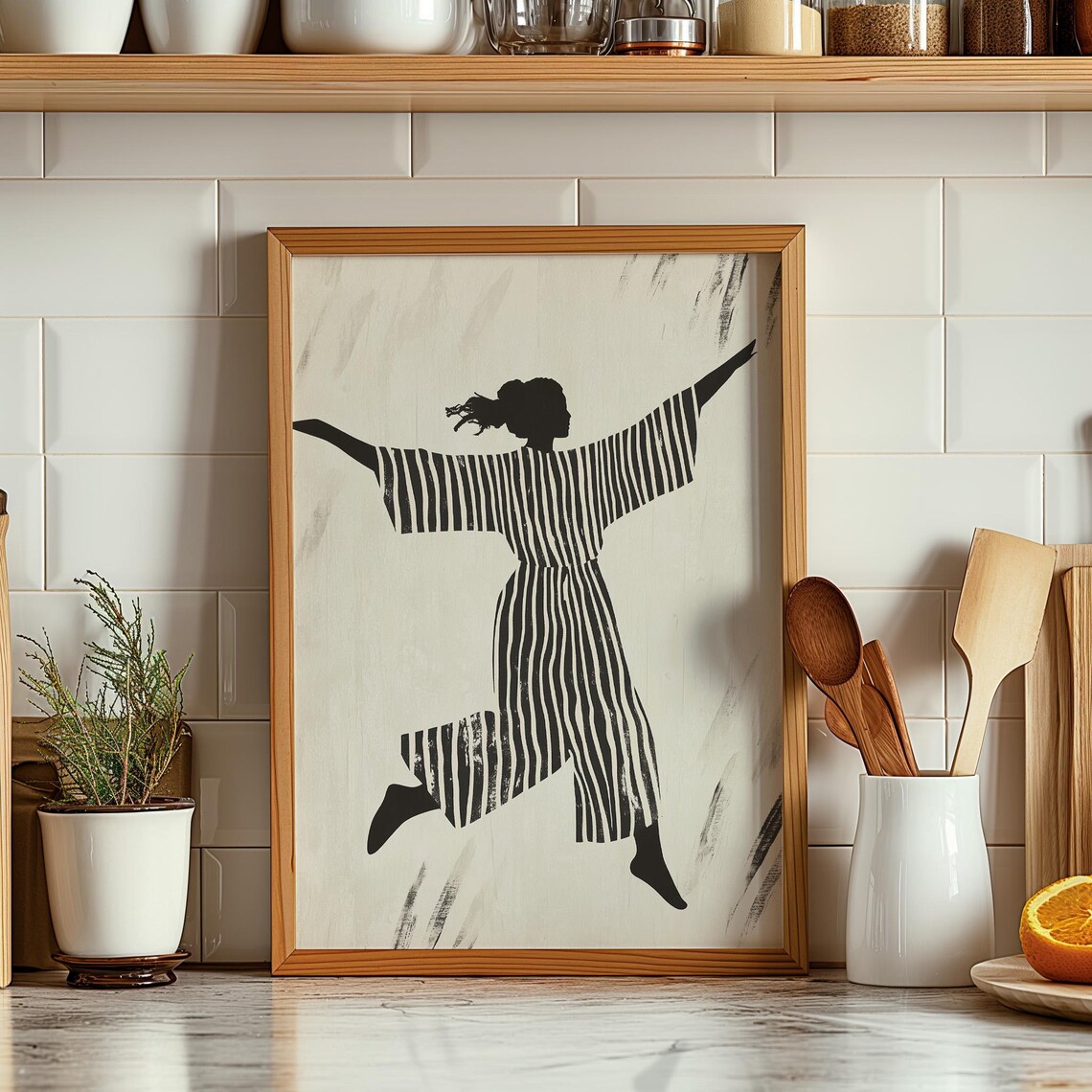 Abstract Woman Dancing in Striped Dress Black White Art Poster - Image 2