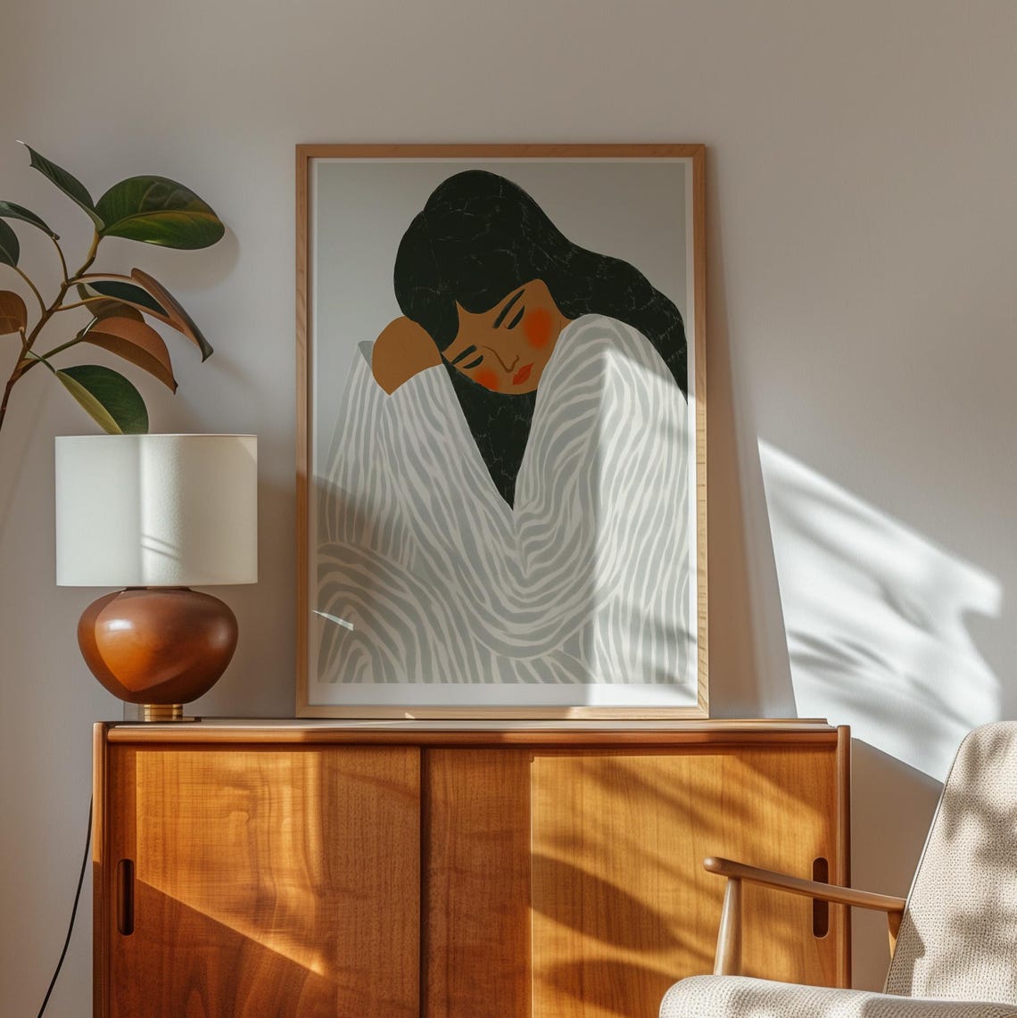 Serene Abstract Woman Resting Her Chin on a Striped Blanket Poster - Image 3