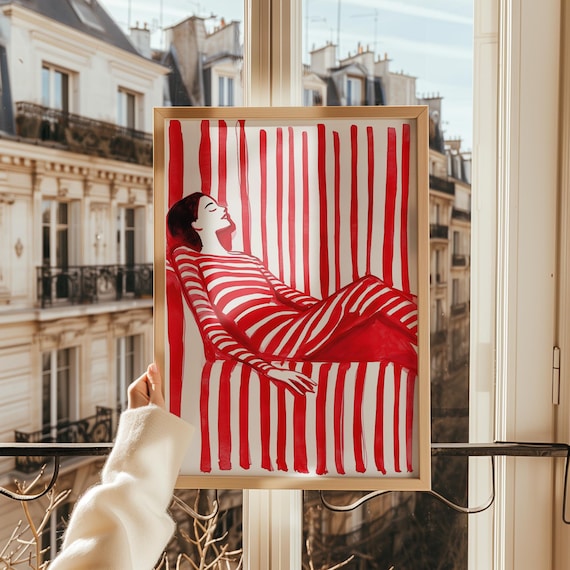 Red Striped Woman Reclining Among Vertical Stripes Art Poster
