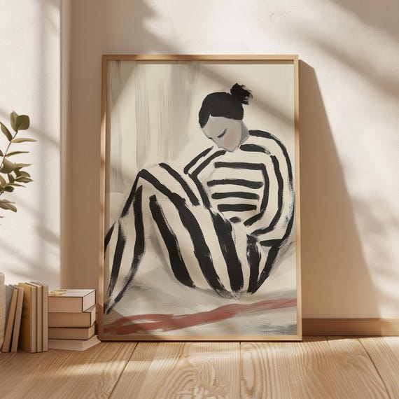 Abstract Black And White Figure Art Minimalist Striped Design Modern Monochrome Wall Art Moody Wall Art Instant Print