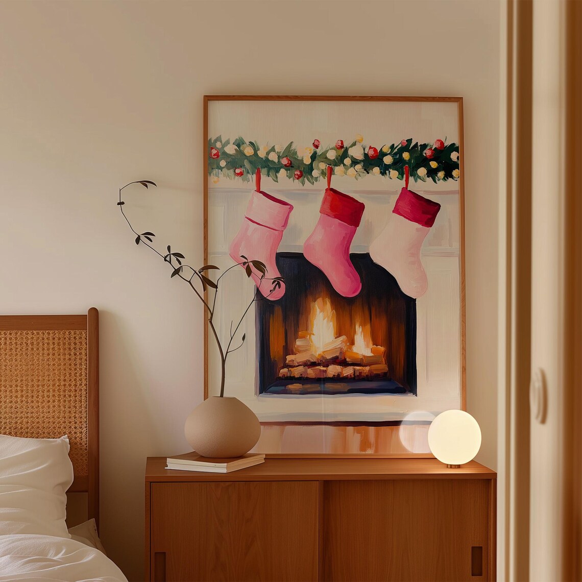 Cozy Christmas Fireplace With Pink Stockings and Garland Poster - Image 4