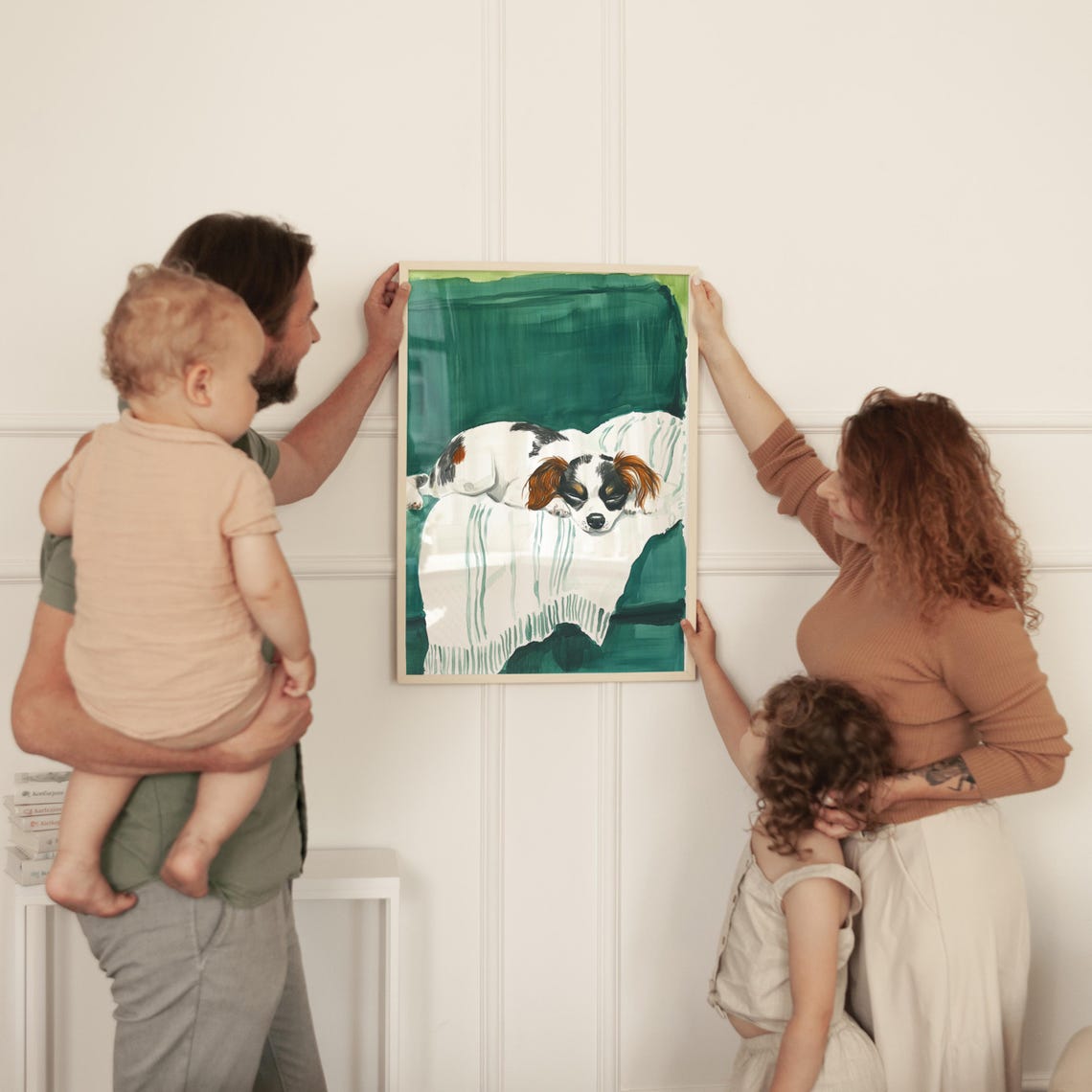 Sleeping Cavalier King Charles Puppy On Cozy Green Couch Print - Image 3