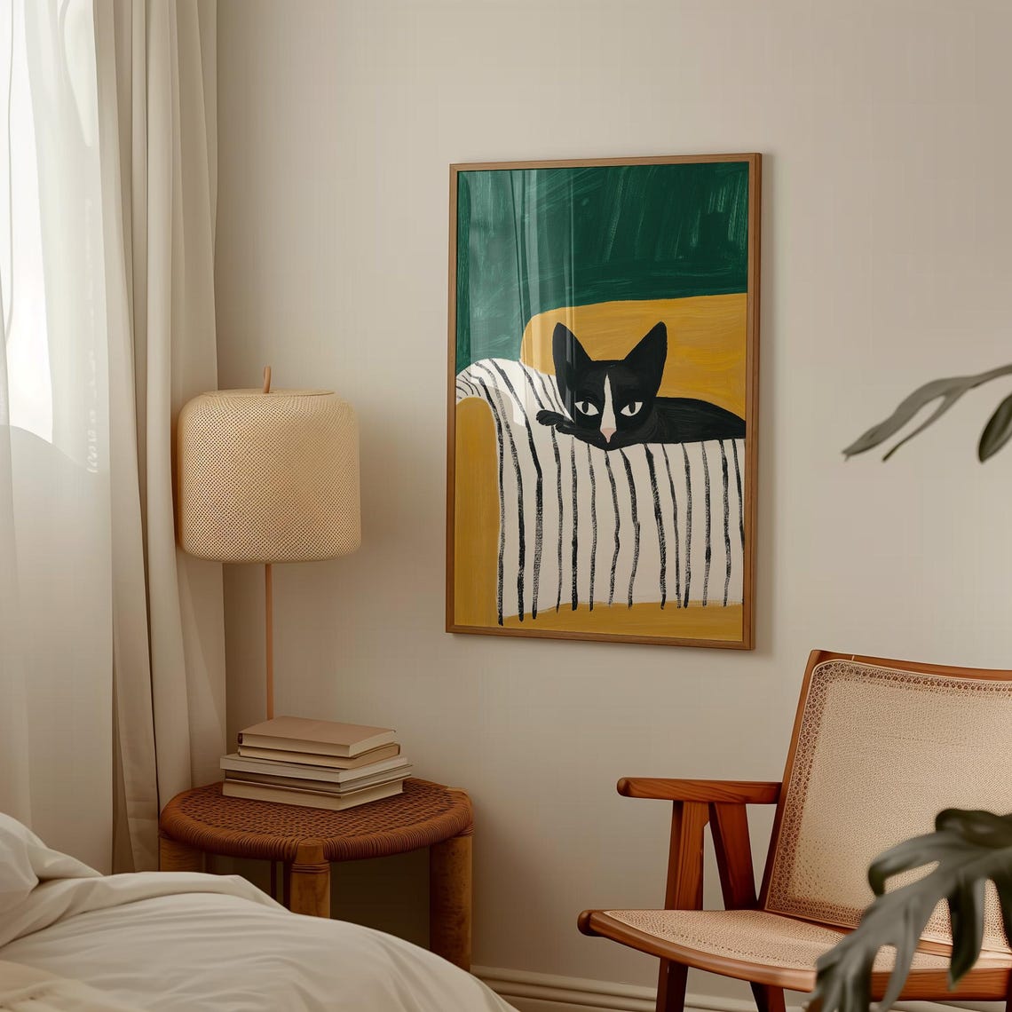 Black And White Cat On Striped Bed Emerald Green Painting Wall Art - Image 2
