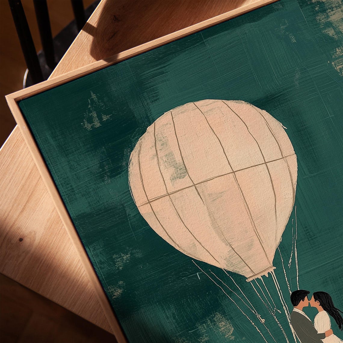 Large Wedding Couple Hot Air Balloon Dark Teal Romantic Art Print - Image 3