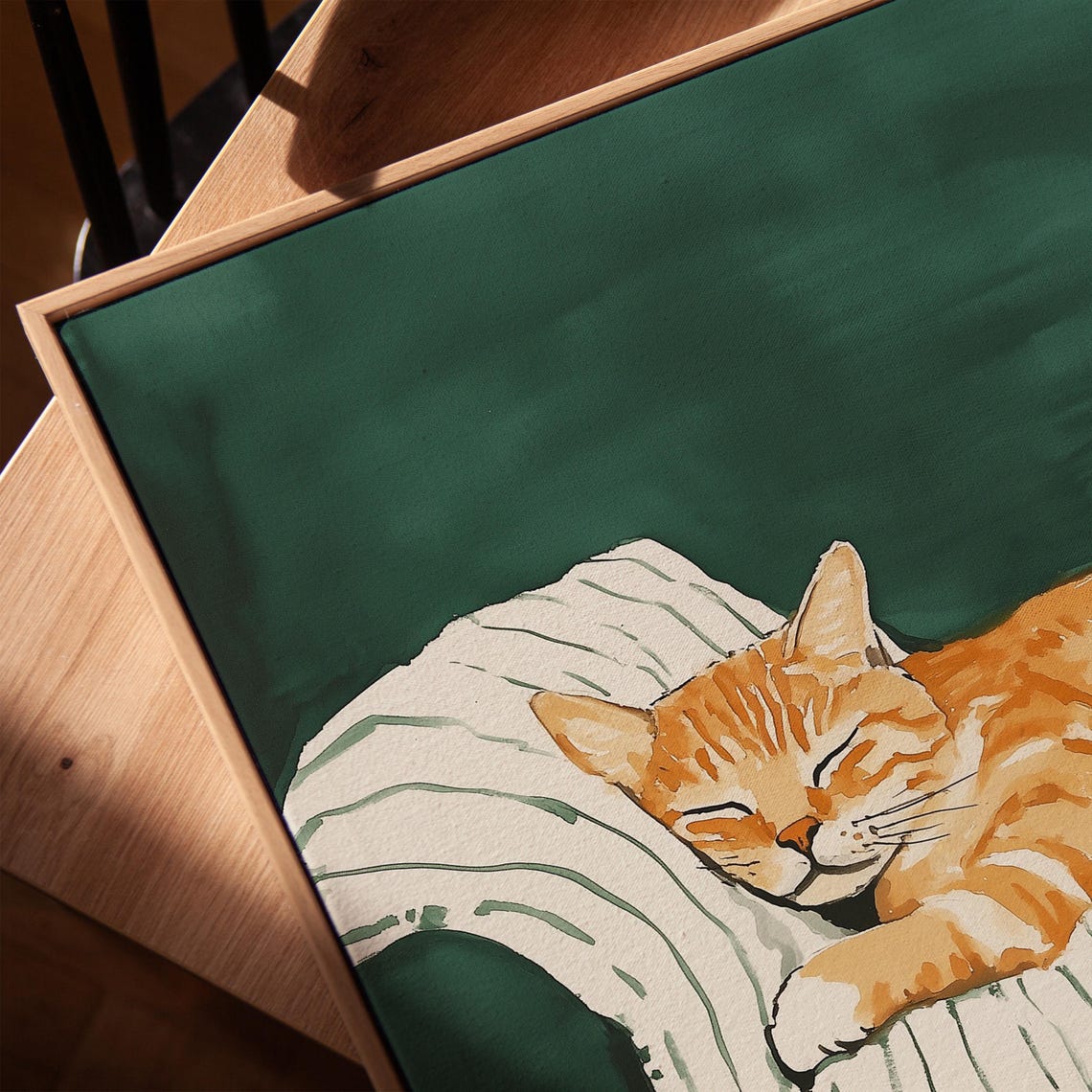 Sleeping Orange Tabby Cat Green Watercolor Whimsical Cozy Pet Poster - Image 3