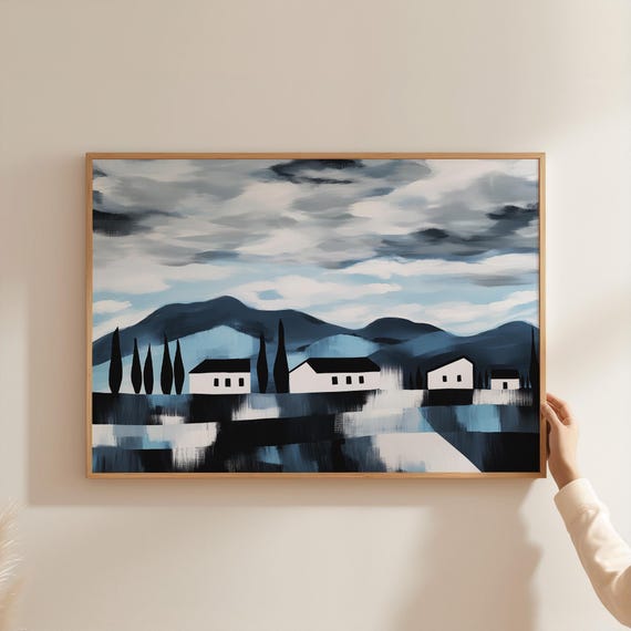 Modern Abstract Village Landscape, Minimalist Nature Art Print