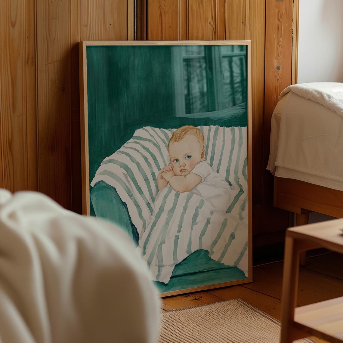 Sweet Baby Resting On Striped Blanket Teal Nursery Decor Wall Art - Image 4