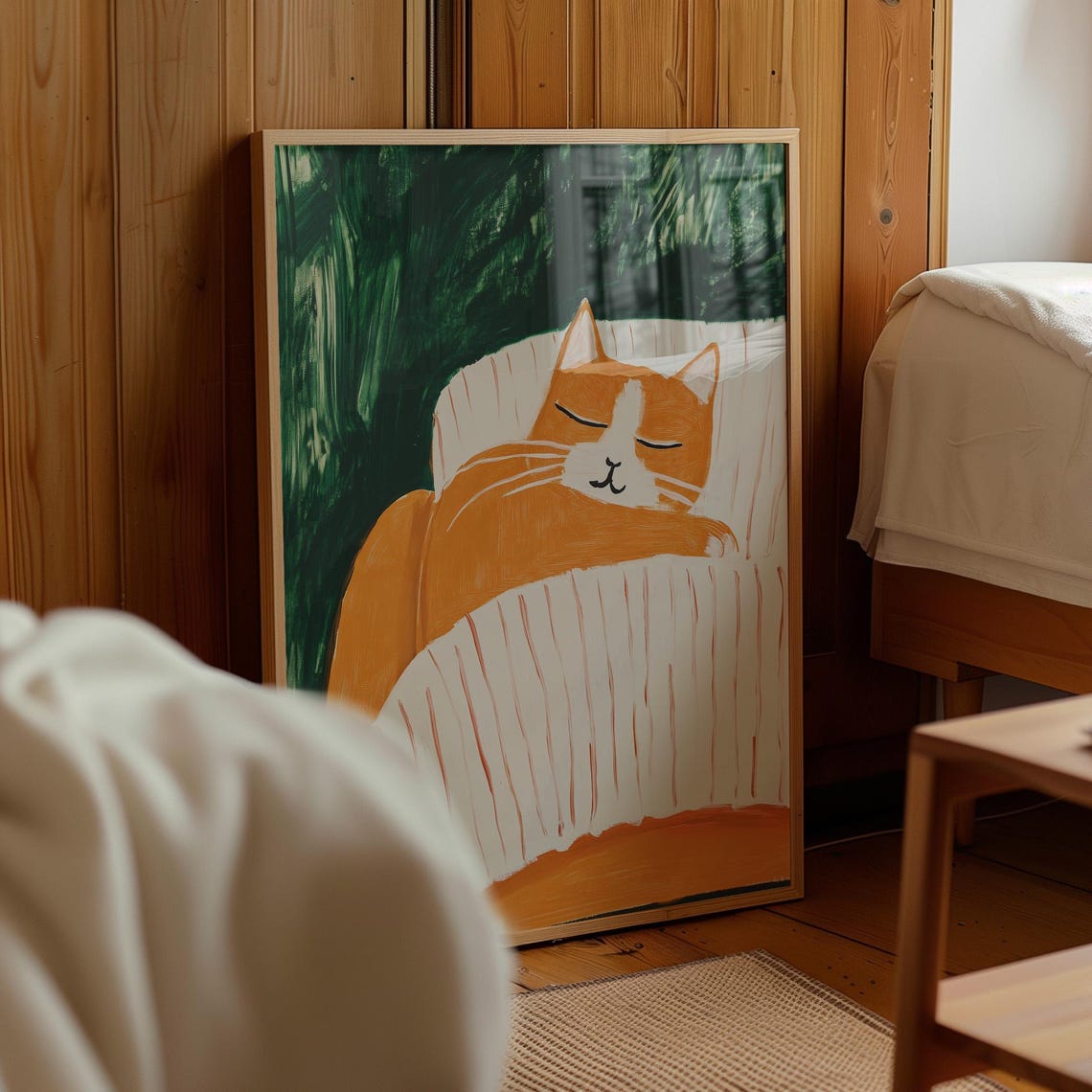 Sleeping Orange Cat on Striped Pillow Green Painterly Poster - Image 2