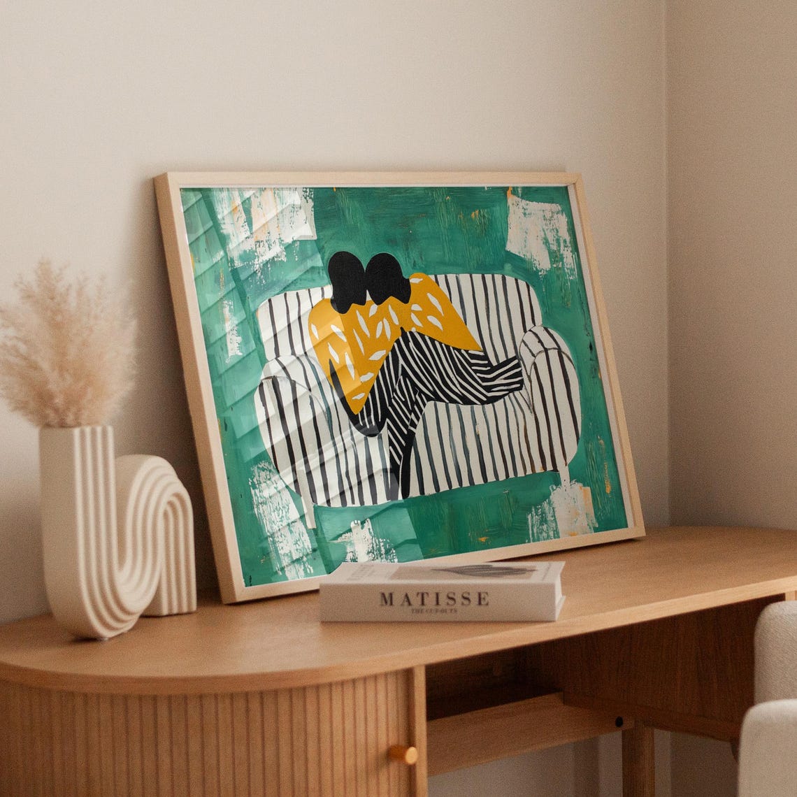 Sweet Couple Snuggling on Striped Couch Teal Abstract Love Poster - Image 4