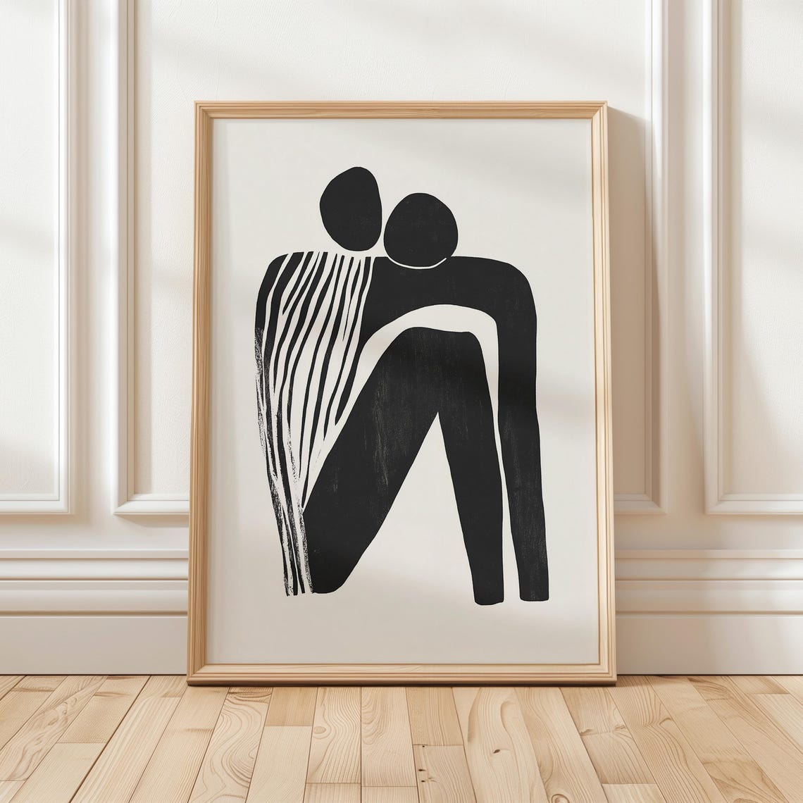 Abstract Couple Hugging Minimalist Black White Linocut Love Poster
