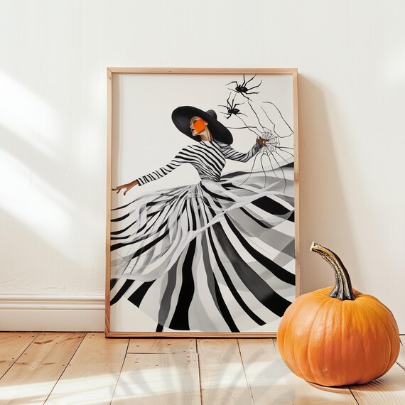 Striped Dress Witch With Spiders Halloween Illustration Wall Art