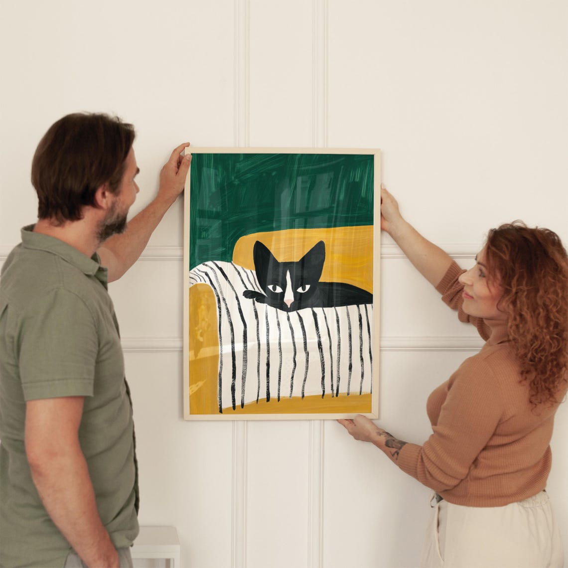 Black And White Cat On Striped Bed Emerald Green Painting Wall Art - Image 3