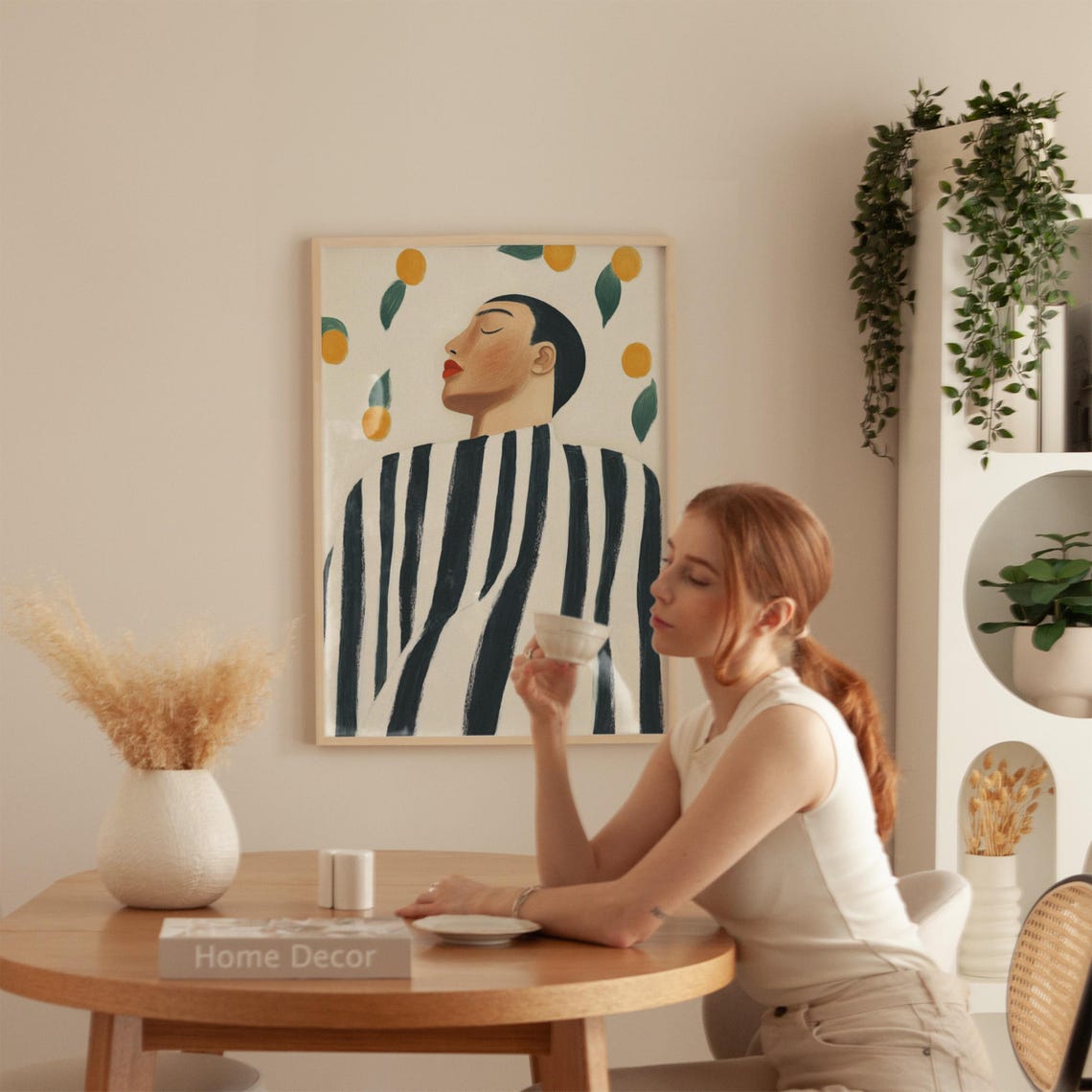 Woman Portrait With Falling Oranges In Striped Top Modern Art Poster - Image 5