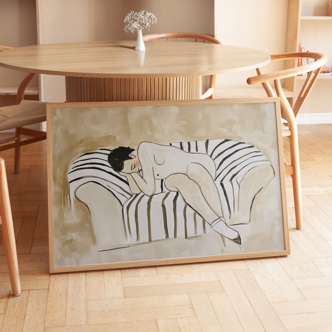 Woman Resting on Striped Sofa Beige Neutral Modern Art Poster - Image 4