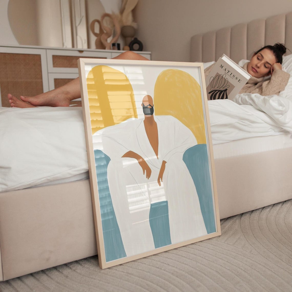 Modern Abstract Portrait Art Minimalist Figure In White Robe Neutral Tones Wall Decor Contemporary Sitting Pose Illustration Yellow Blue - Image 2
