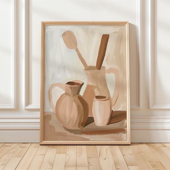 Neutral Pottery Jugs Wooden Spoons Beige Still Life Kitchen Art Poster