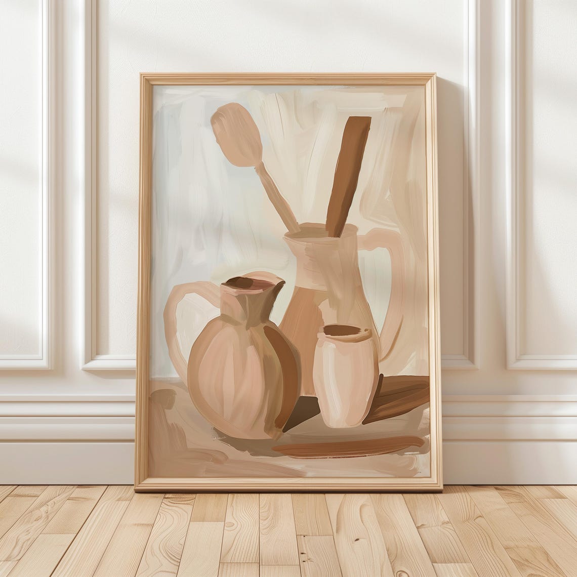 Neutral Pottery Jugs Wooden Spoons Beige Still Life Kitchen Art Poster
