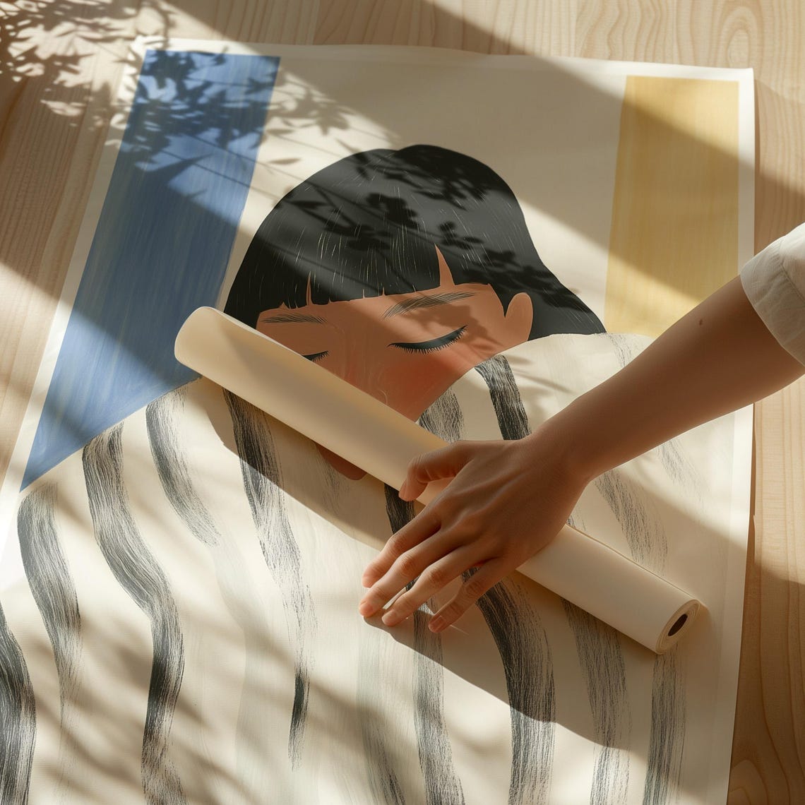 Peaceful Abstract Portrait Wrapped in a Striped Blanket Poster - Image 3