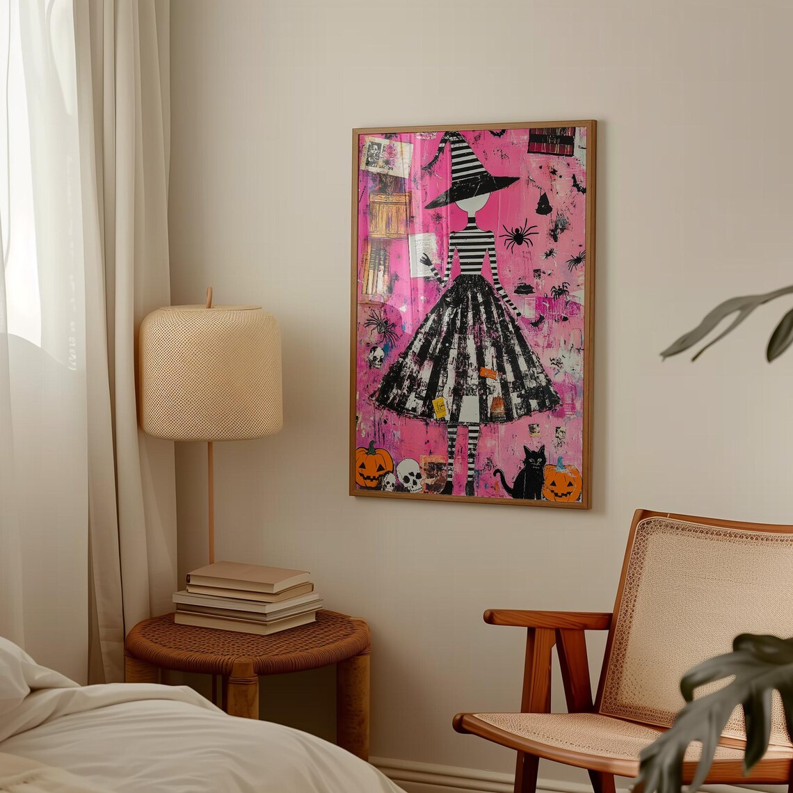 Pink Halloween Witch Pop Art Collage, Spooky Decor - Image 3