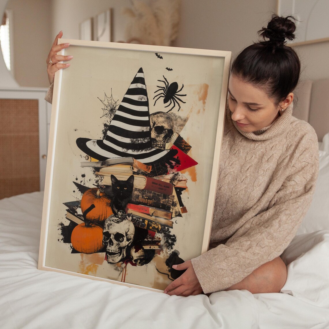 Striped Witch Hat Collage Black Cat Pumpkins and Books Halloween Poster - Image 4