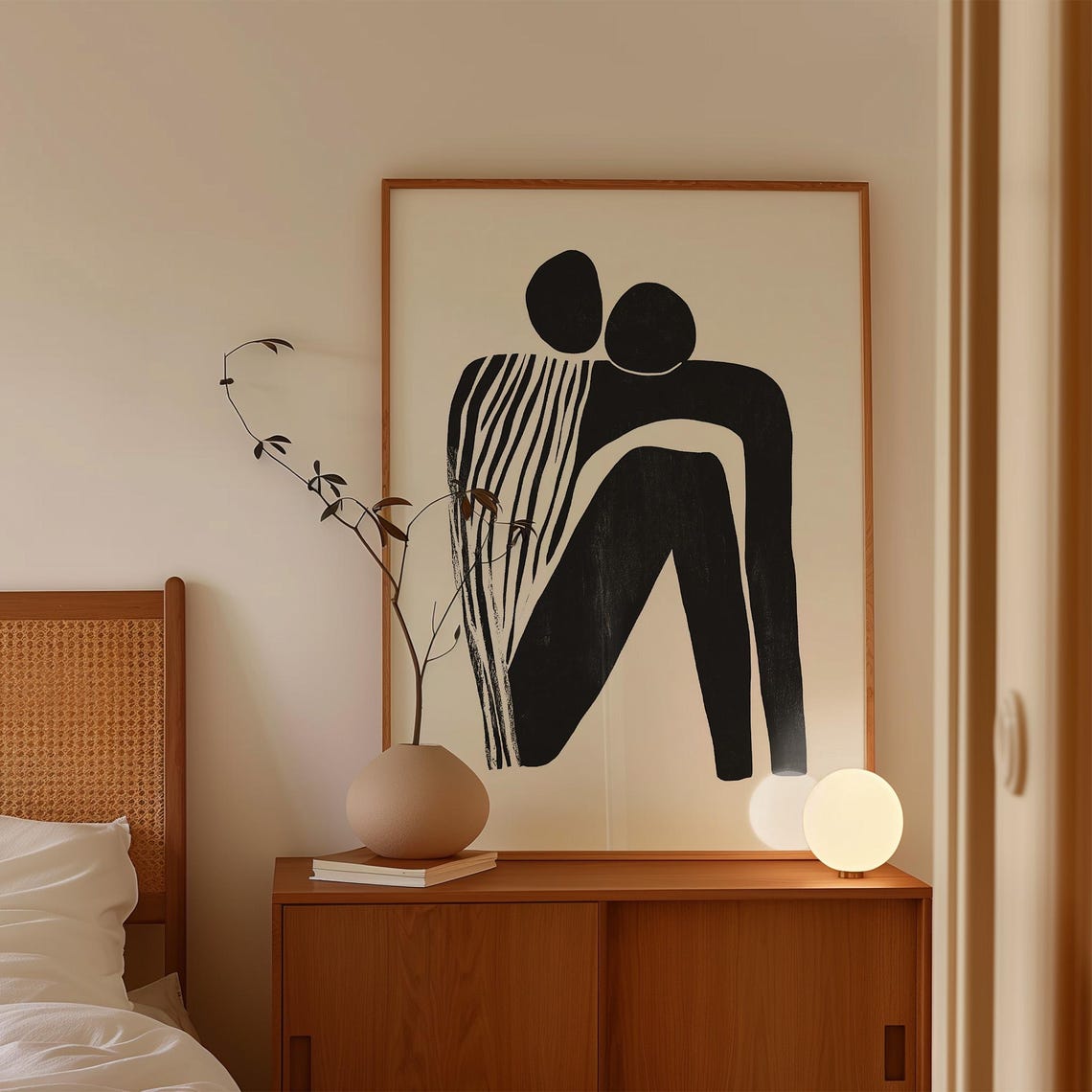 Abstract Couple Hugging Minimalist Black White Linocut Love Poster - Image 4