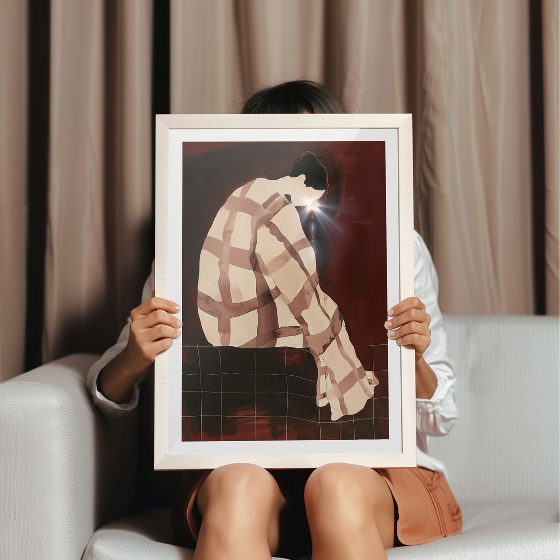 Woman Wrapped In Plaid Blanket Warm Tones Abstract Figurative Poster - Image 3