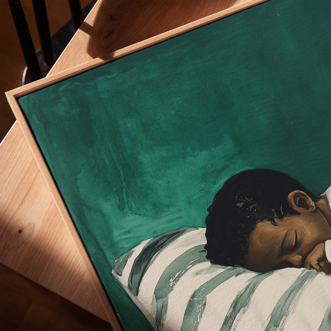 Peaceful Sleeping Child Striped Blanket Teal Nursery Wall Art - Image 4