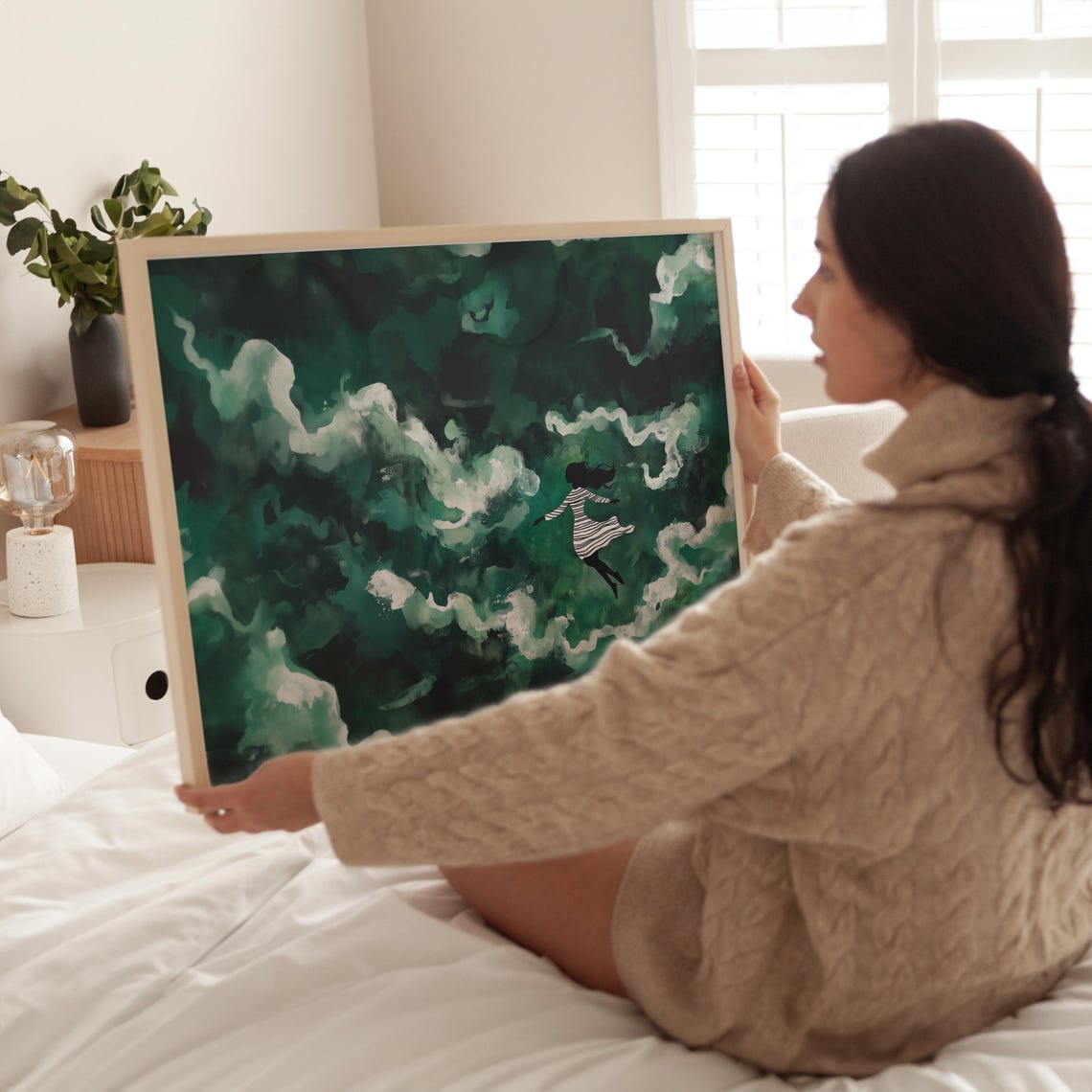 Dreamy Woman Falling Through Emerald Green Clouds Art Poster - Image 3