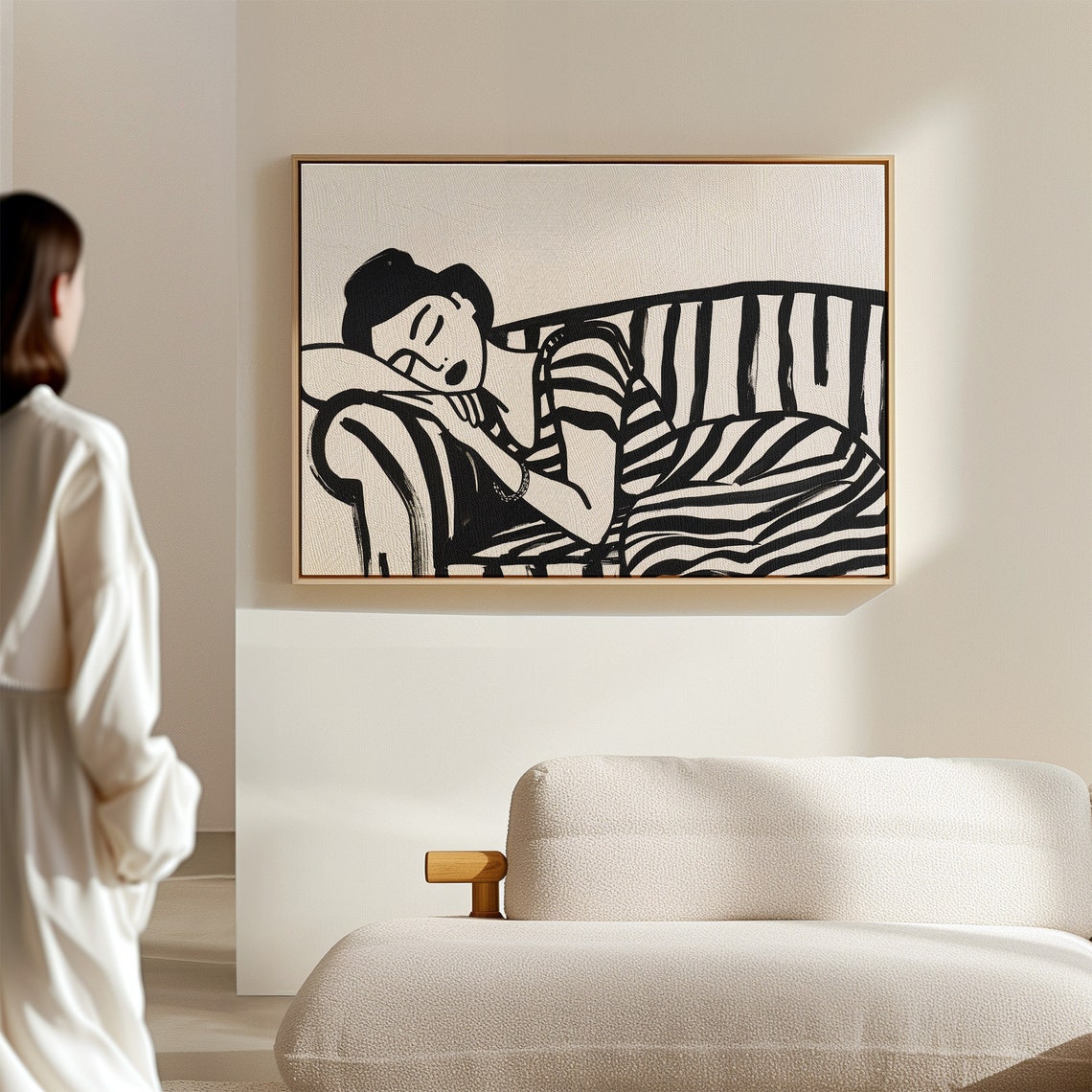 Modern Wall Art Elegant Woman In Black Stripes On Sofa Figurative Print Horizontal Large Wall Art Unique Line Drawing Instant - Image 2