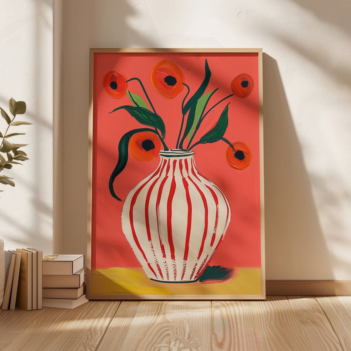 Red Poppy Vase Striped Botanical Coral Background Modern Poster