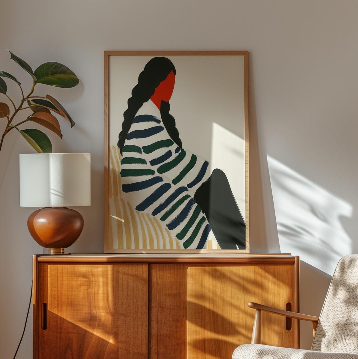 Woman with Long Braid in Profile in Navy and Gold Stripes Poster - Image 2