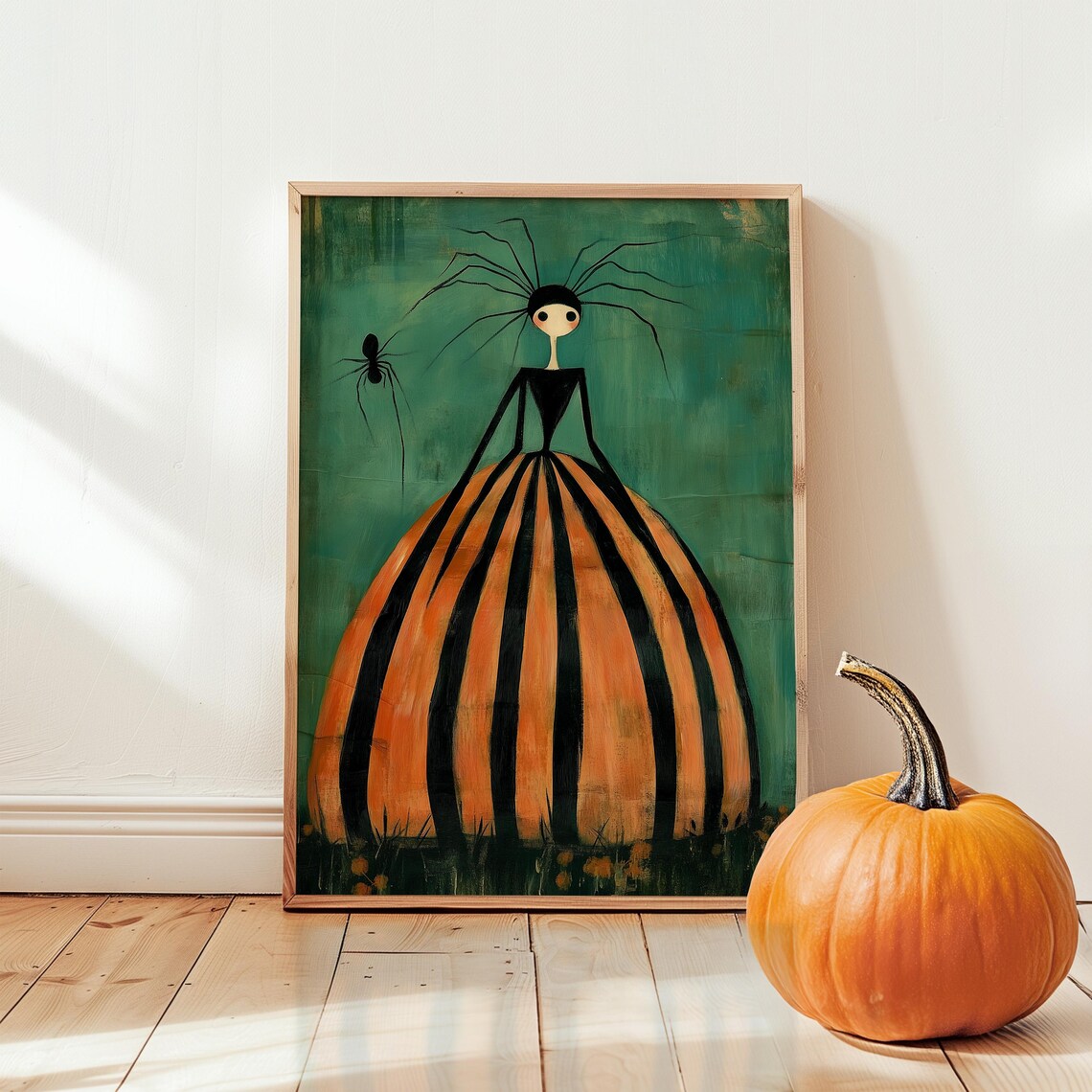 Whimsical Spider Hair Girl in Striped Dress Halloween Art Poster - Image 4