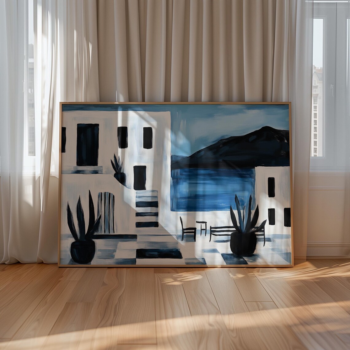 Minimalist Greek Patio Art Print, Mediterranean Courtyard - Image 2
