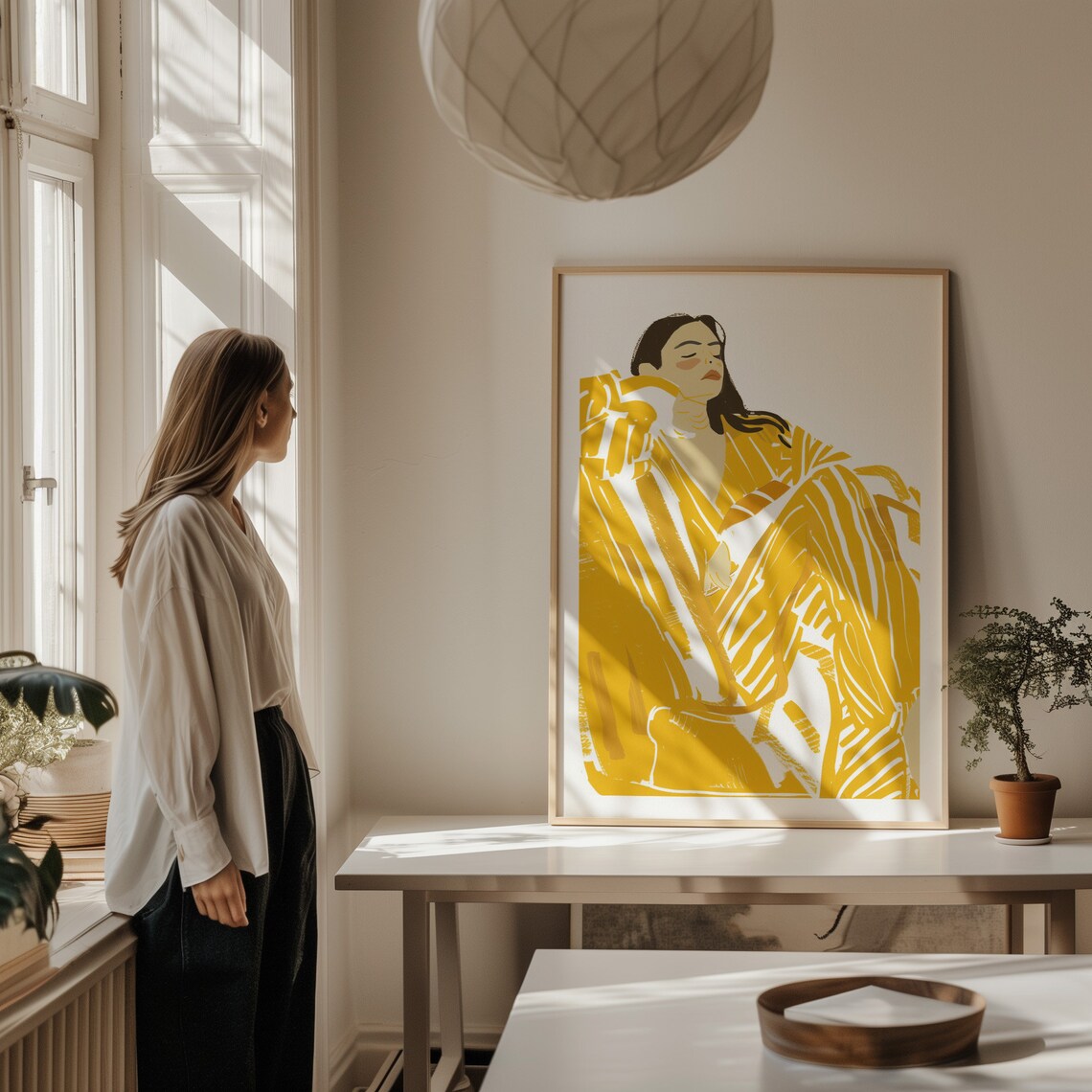 Yellow Striped Robe Woman Portrait Modern Yellow Figure Poster - Image 4