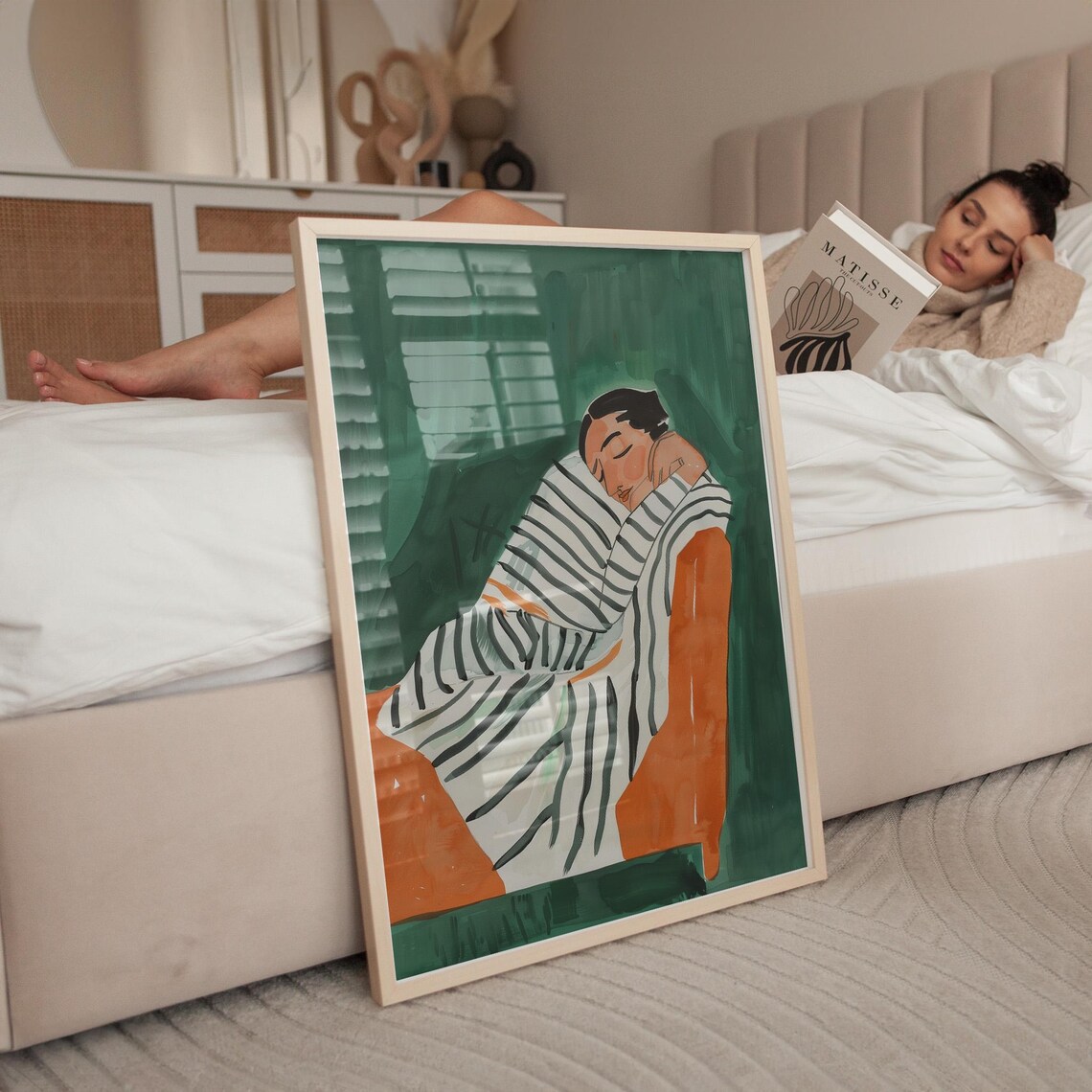 Woman Napping In A Striped Sweater On An Orange Chair In Green Print - Image 2