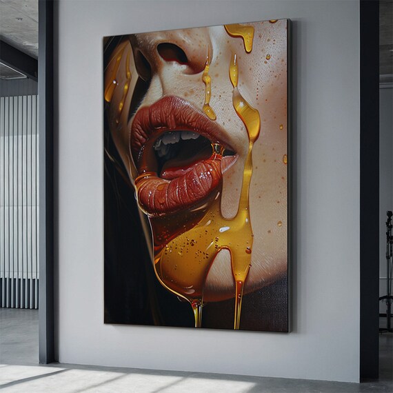 Woman's Lips Close Up with Dripping Golden Syrup Sensual Oil Poster