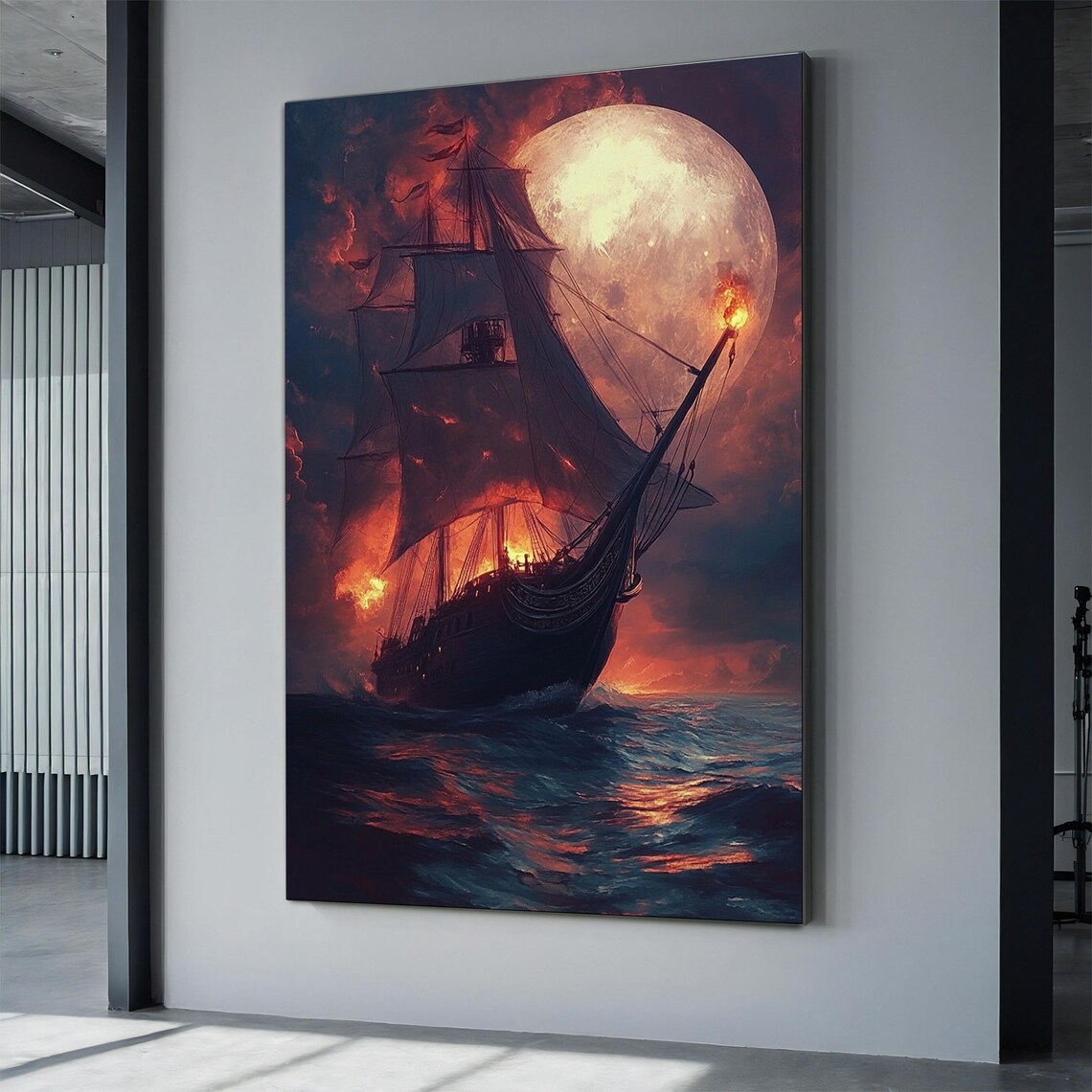 Ship On Full Moon - Pirate Ship Art Print