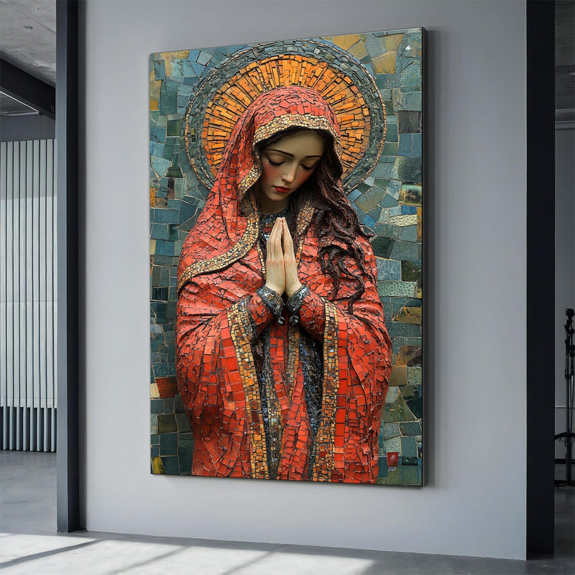 Praying Virgin Mary Mosaic Art Print With Red Veil And Golden Halo