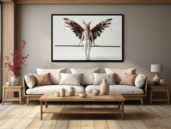 Winged Fairy Woman with Brown Feathered Wings Sitting Surreal Art Poster