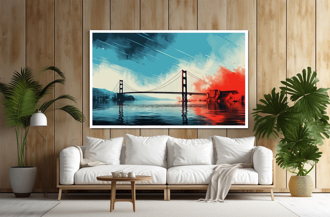 Golden Gate Bridge Stylized Painting Teal Red Sunset Water Poster